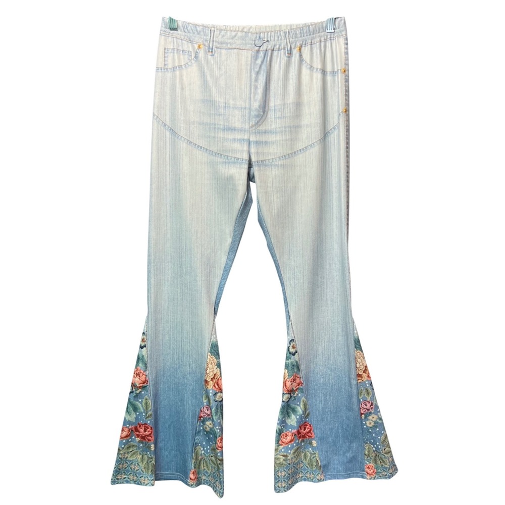 Y2K Boho Floral‎ Bell Bottom Jeggings Stretch Faux Denim Leggings Pants Large